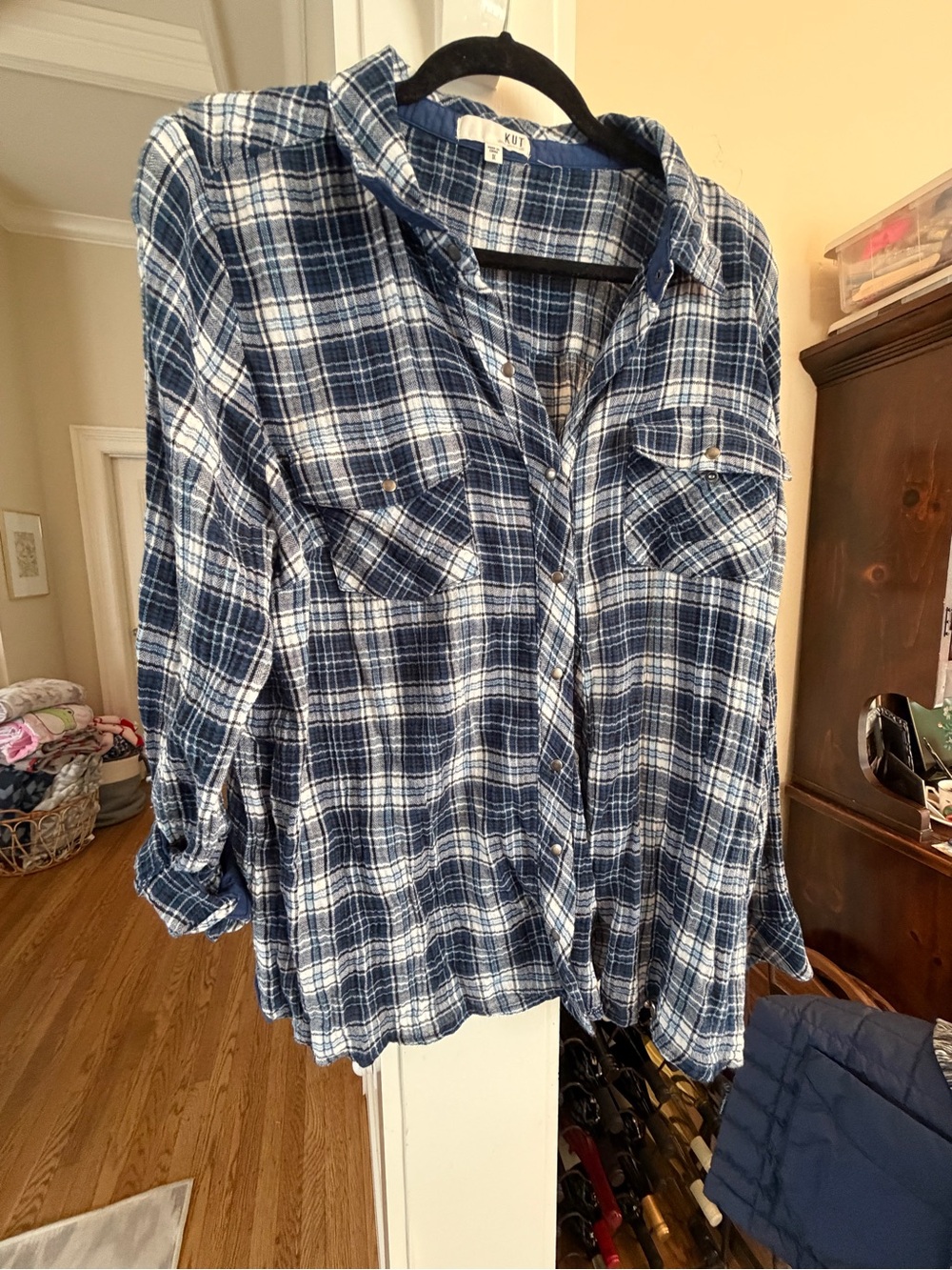 Kut from the Kloth Blue and White Plaid Button Down Shirt